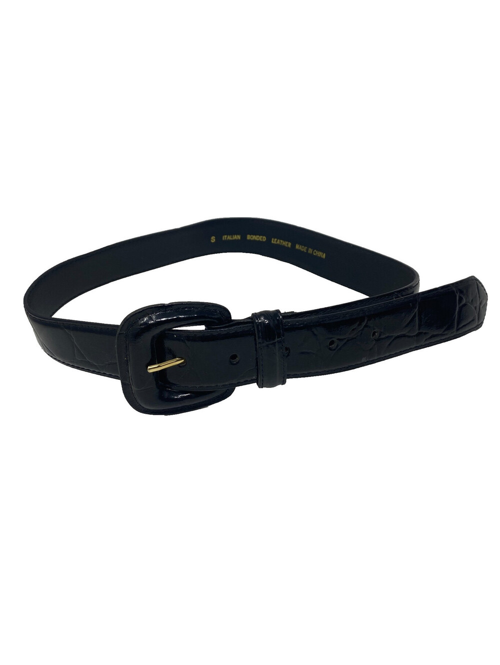 Women's Black Croc Embossed Belt Size S Self Buckle Gold Tone Bonded Leather
